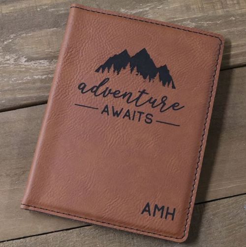 mountain gifts A personalized leather passport cover with mountains and "Adventure Awaits"
