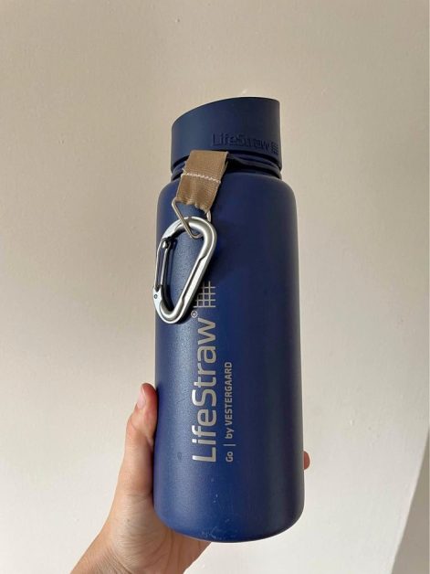 travel gifts for dad A stainless steel water bottle from the brand LifeStraw