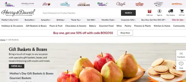 Screenshot of Harry & david's homepage a site for gift baskets