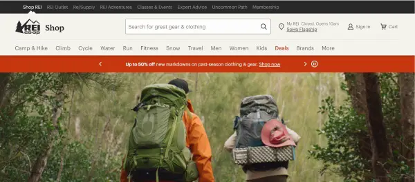Screenshot of Rei website for travel and outdoor gear