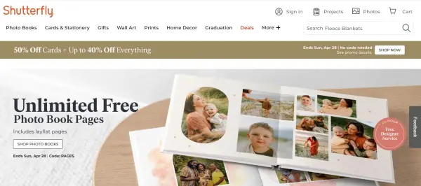Screenshot of Shutterflye homepage, a website for photo products and gifts
