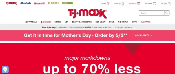Screenshot of T.J. Maxx website for discounted designer stuff