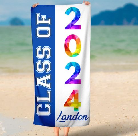 travel graduation gifts Woman holding a beach towel with "class of 2024"