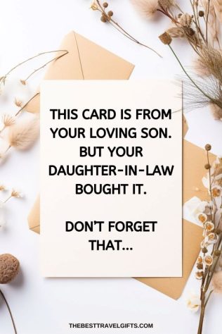 Funny card laying in between dry flowers with a messages from a daughter in law.