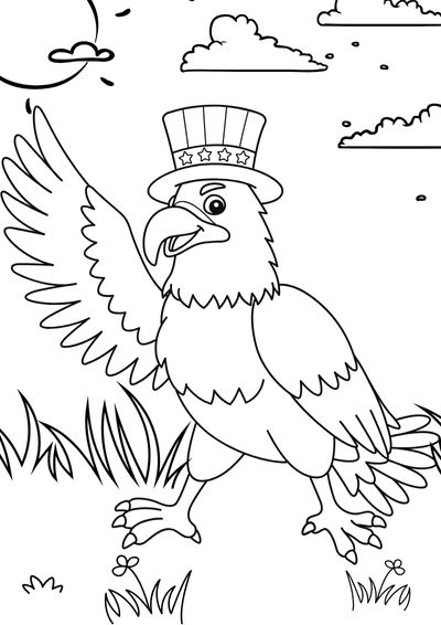 coloring-pages-4th-of-july10 4th of July coloring sheet with a cute eagle and a hat with USA stars