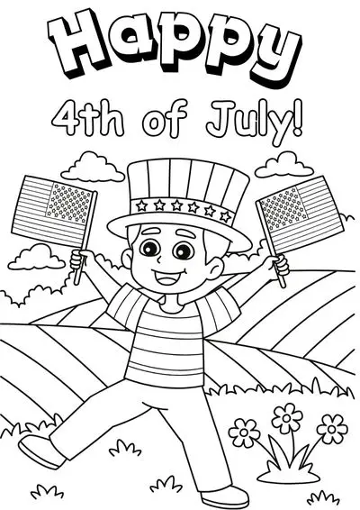coloring-pages-4th-of-july11 Cute 4th of July coloring shete of a boy waving USA flags