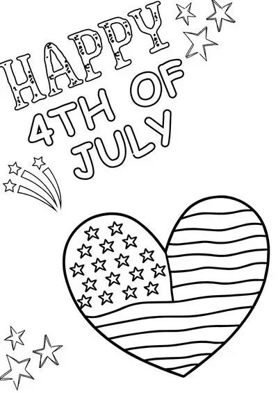coloring-pages-4th-of-july23 Happy 4th of July coloring image with a heart in the flag of US design