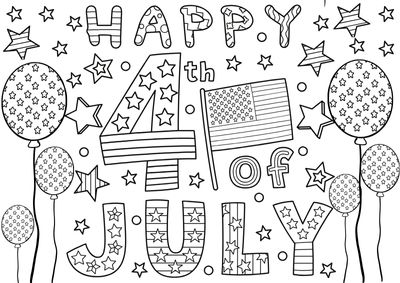 coloring-pages-4th-of-july28 Busy 4th of July coloring sheet with text, stars, and flags