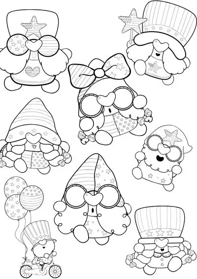 coloring-pages-4th-of-july3 Several cute gnomes in 4th of July-them coloring page