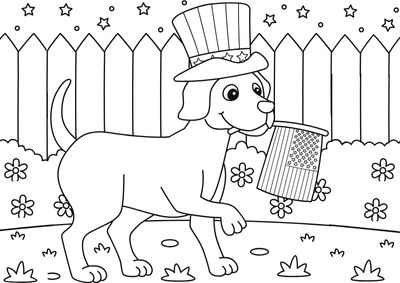 coloring-pages-4th-of-july35 Cute dog in the garden coloring page in 4th of July style