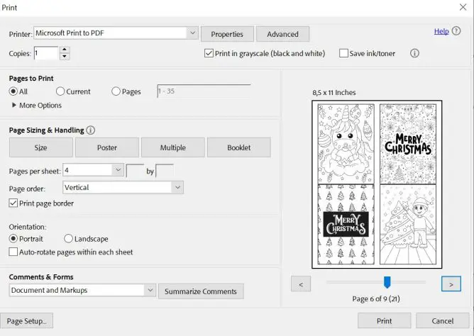 screenshot of printer settings for printer 4 pager per sheet