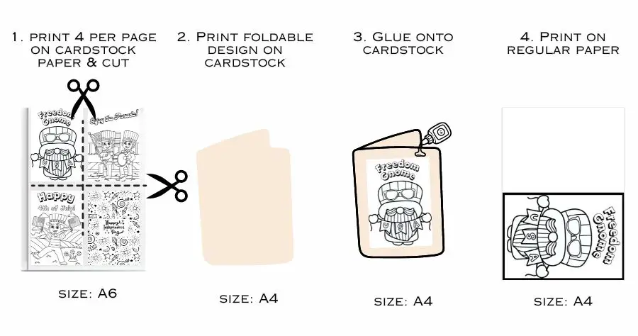 A schematic picture of four different ways to print a coloring sheet to make cards