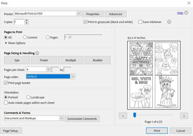 screenshot of printer settings for printer 4 pager per sheet