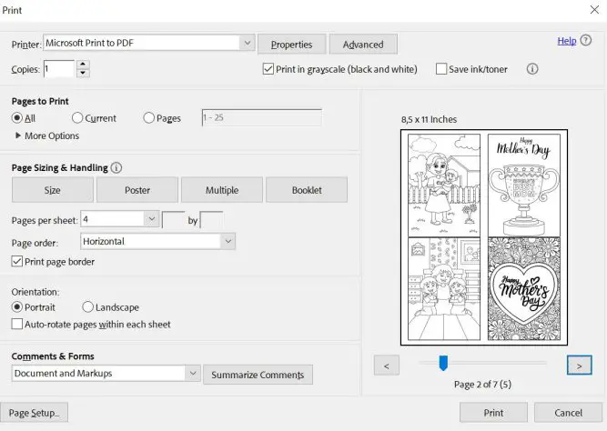 screenshot of printer settings for printer 4 pager per sheet