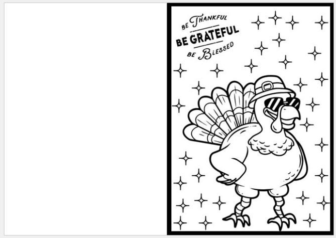 A Thanksgiving coloring page with a turkey wearing shades