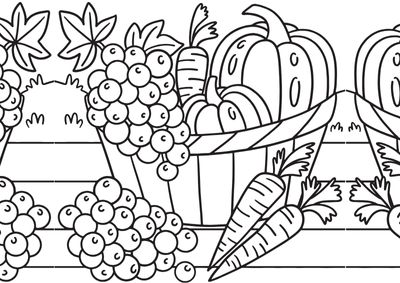 AThanksgiving coloring page of table with a basket filled with fruits for Thanksgiving day