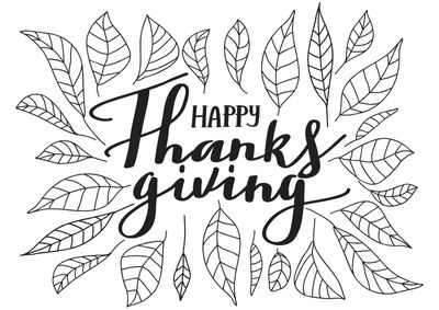 Happy Thanksgiving coloring page with leaves