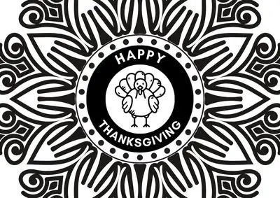Happy Thanksgiving coloring sheet in mandala style with a turkey in the middle