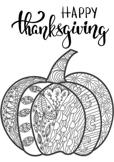 Happy Thanksgiving coloring page of a pumpkin in mandala style
