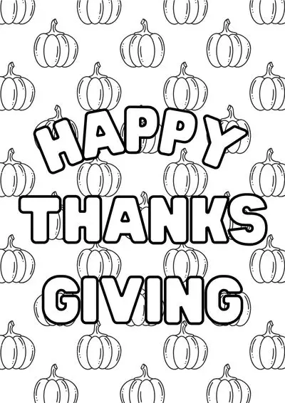 Happy Thanksgiving coloring page with pumpkins in the background