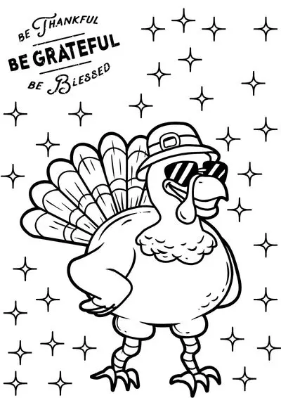 A coloring page of a turkey wearing shades