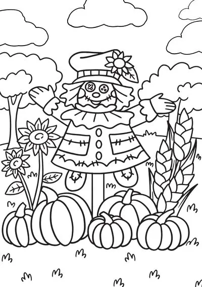Coloring page of a scarecrow in a field of pumpkins