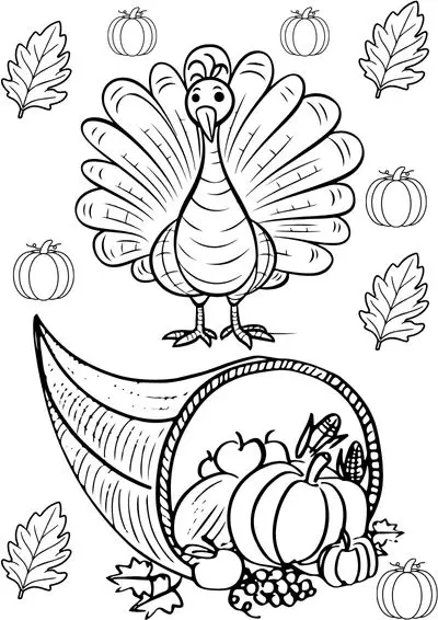 Thanksgiving coloring page of a turkey and a basket with fall fruits