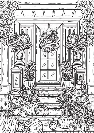 Coloring page of a home decorated in fall style