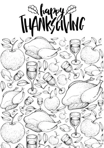 Happy Thanksgiving coloring page filled with typical food