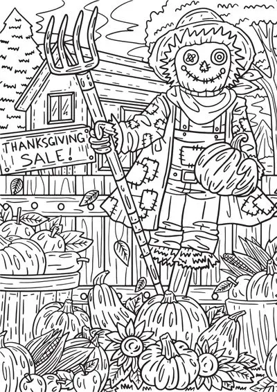 Fine line Thanksgiving coloring page with pumpkins and a scarecrow