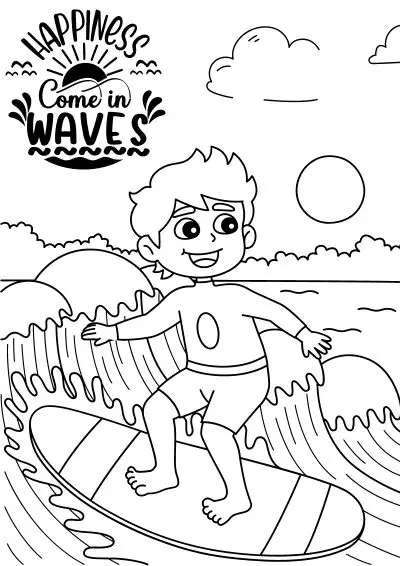 travel-coloring-pages-18 A travel coloring image of a boy surfing