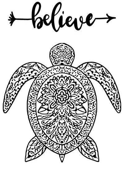 travel-coloring-pages-20 A turtle in mandala style with the text "believe"