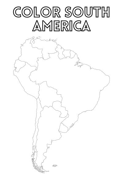 travel-coloring-pages-5 An empty map of South America and the text 'Color South America'
