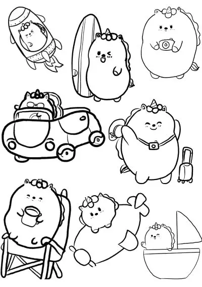 travel-coloring-pages-7 A travel coloring page with 8 different small images of a fat cat in different travel situations