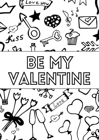 valentine-coloring-sheet (4) "be my Valentine" coloring sheet with hearts and romantix icons to color in