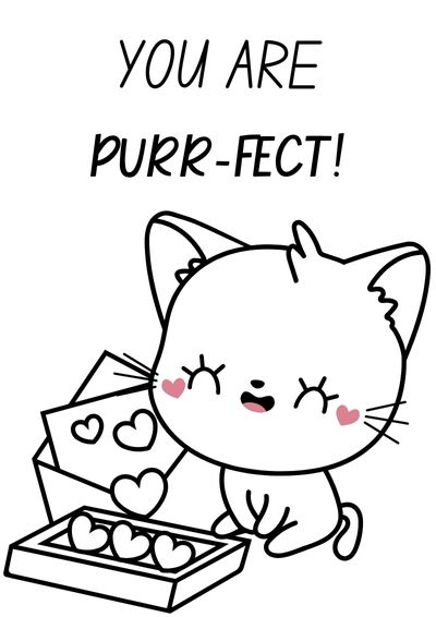 valentine-coloring-sheet (5) C=Valentine's Day coloring of a cute cate with a box of hearts and the words "you are purr-fect!"