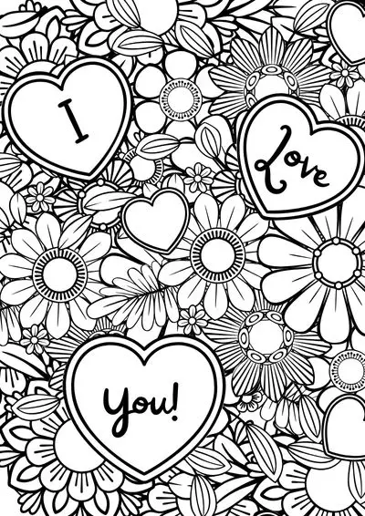 valentine-coloring-sheet (9) A mandala style coloring sheets with hearts and the words "I love you"