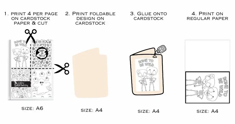 An image ilustrating four different ways to make four differnet halloween greeting cards
