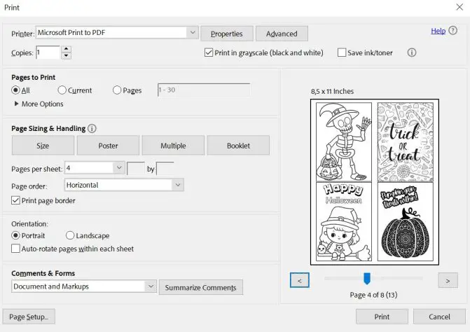 screenshot of printer settings for printer 4 pager per sheet