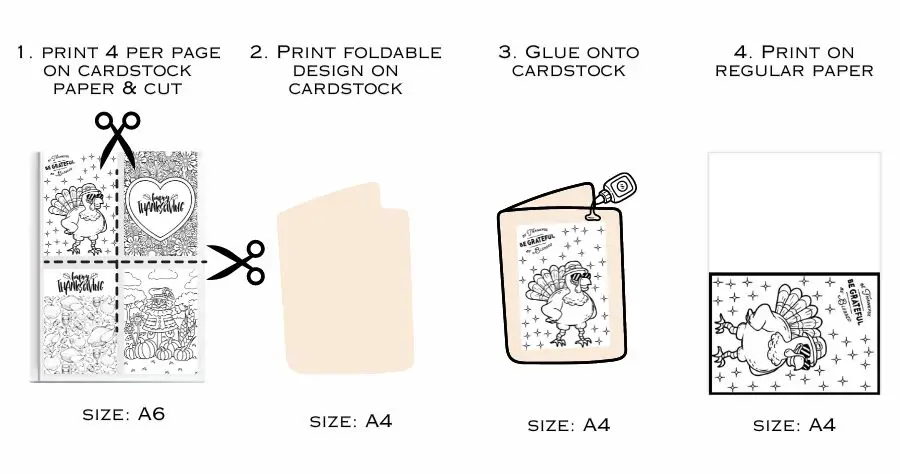 An illustrationof four different ways to make coloring greeting cards for Thanksgiving