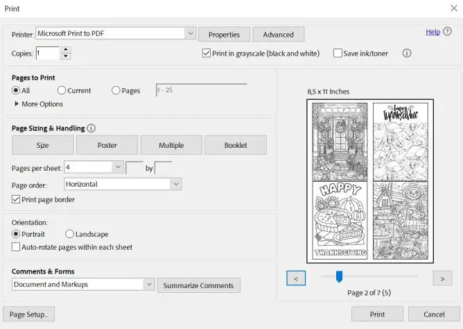 screenshot of printer settings for printer 4 pager per sheet