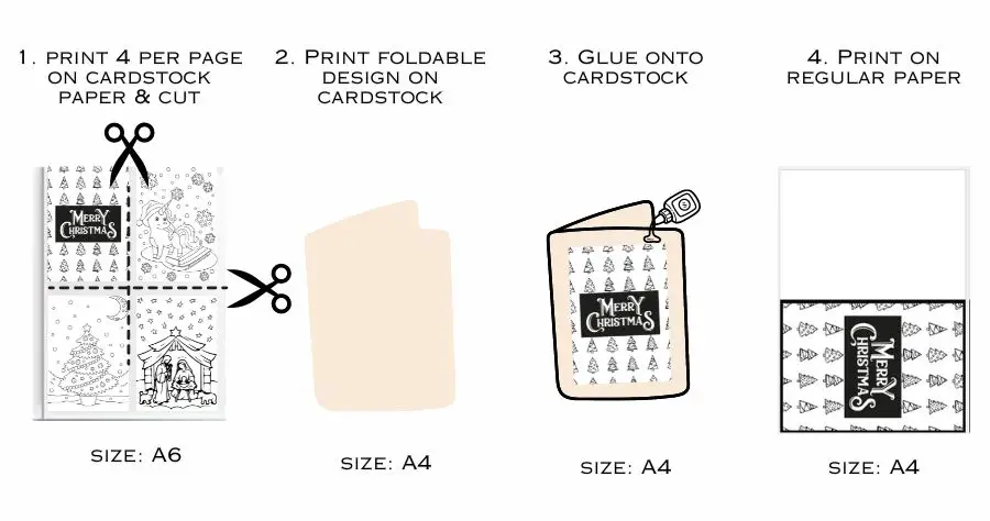 A schematic picture of four different ways to print a coloring sheet to make cards