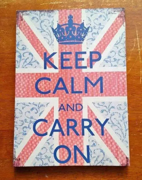 gifts for anglophiles A sign with the British flag and "keep calm and carry on"