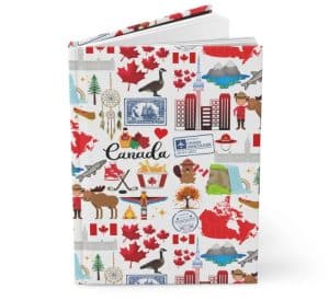 A notebook with a cover of typical Canadian things