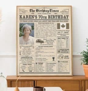 A personalized newspaper page from Canada for someone's birthday