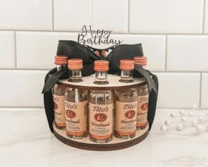 gifts for vodka lovers A tray shaped like a birthday cake with mini bottle of vodka