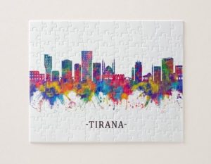 Albanian gifts A colorful puzzle of the skyline of Tirana, Albania