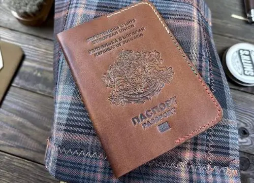 best bulgarian gifts A brown leather passport cover with a Bulgarian design