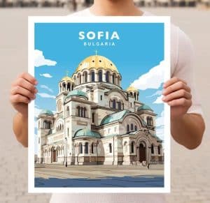 best bulgarian gifts Someone holding a poster of Sofia with the church