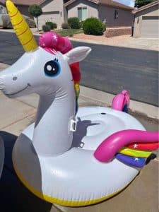 A floatie in the shape of a unicorn